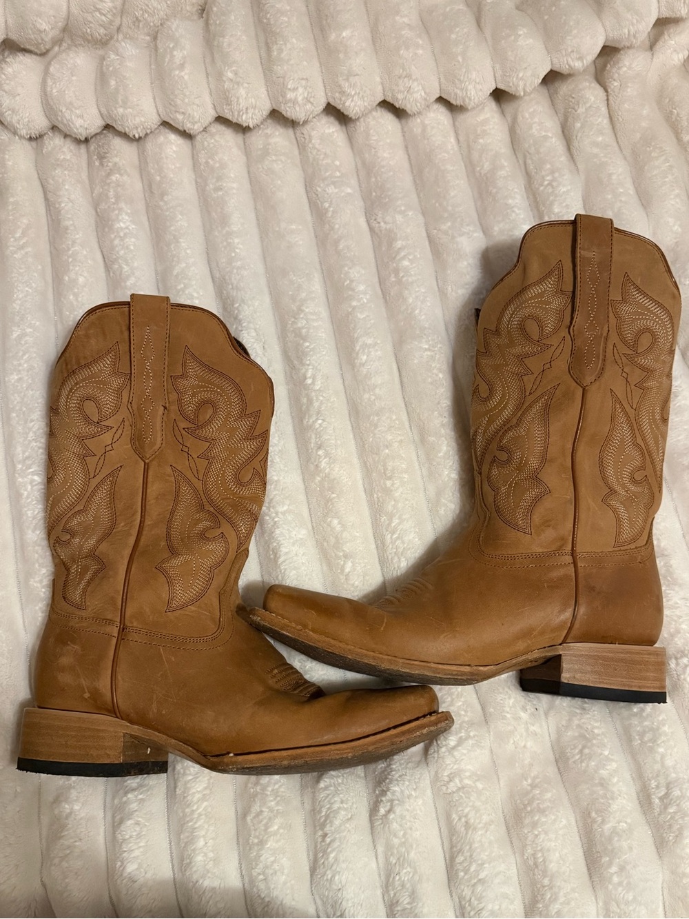 J.B. Dillon Tan Leather Western Embroidered Heeled Boots